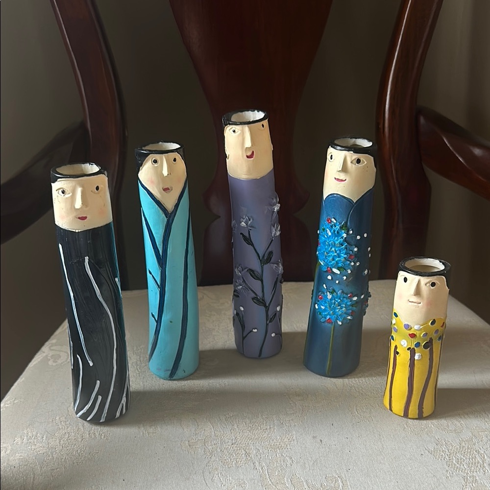 Set of 5 whimsical bohemian resin friendly people resin bud vases, home decor